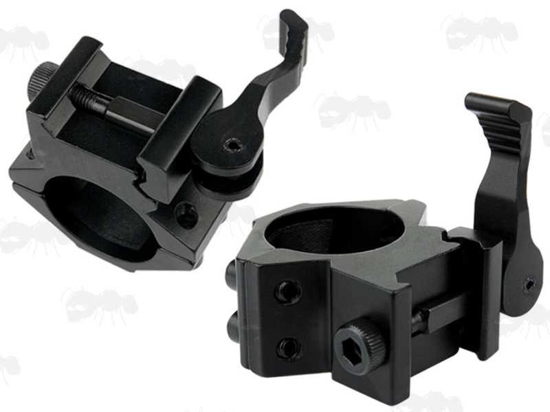 Base Fitting View of The Pair of Throw-Lever Quick-Release 25mm Diameter Low-Profile Rifle Scope Ring Mounts for Weaver / Picatinny Rail