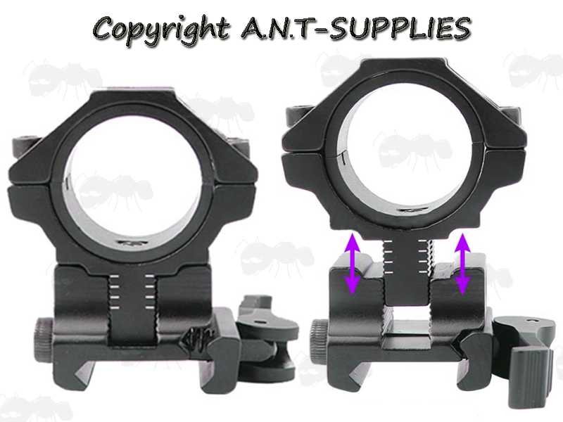 Double Clamped Adjustable Elevation Weaver / Picatinny Quick-Release Two-Piece 30mm Scope Mounts, with 25mm Split Ring Size Reducers, Shown Set to Two Heights