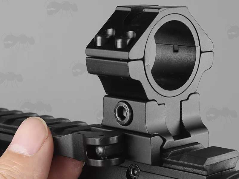 Double Clamped Adjustable Elevation Weaver / Picatinny Quick-Release 30mm Scope Mounts, with 25mm Split Ring Size Reducers, Shown Fitted to Rifle Rail