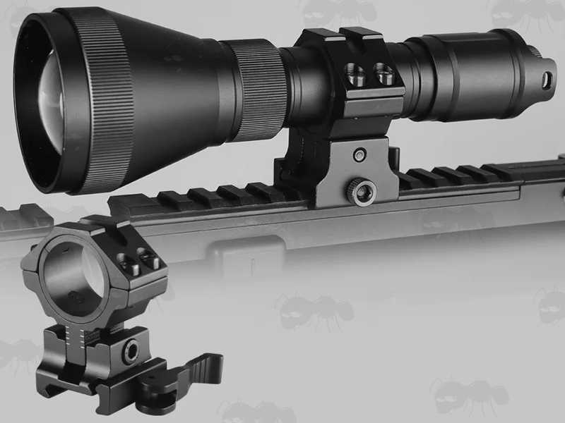 Double Clamped Adjustable Elevation Weaver / Picatinny Quick-Release Two-Piece 30mm Scope Mounts, with 25mm Split Ring Size Reducers, Shown Fitted with Gun Light to Rail