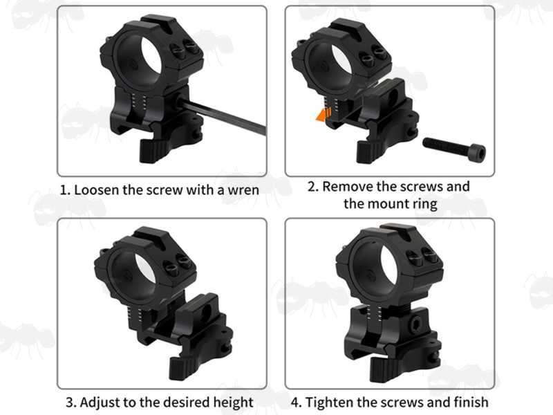 Height Adjustment Guide for The Double Clamped Adjustable Elevation Weaver / Picatinny Quick-Release Two-Piece 30mm Scope Mounts, with 25mm Split Ring Size Reducers