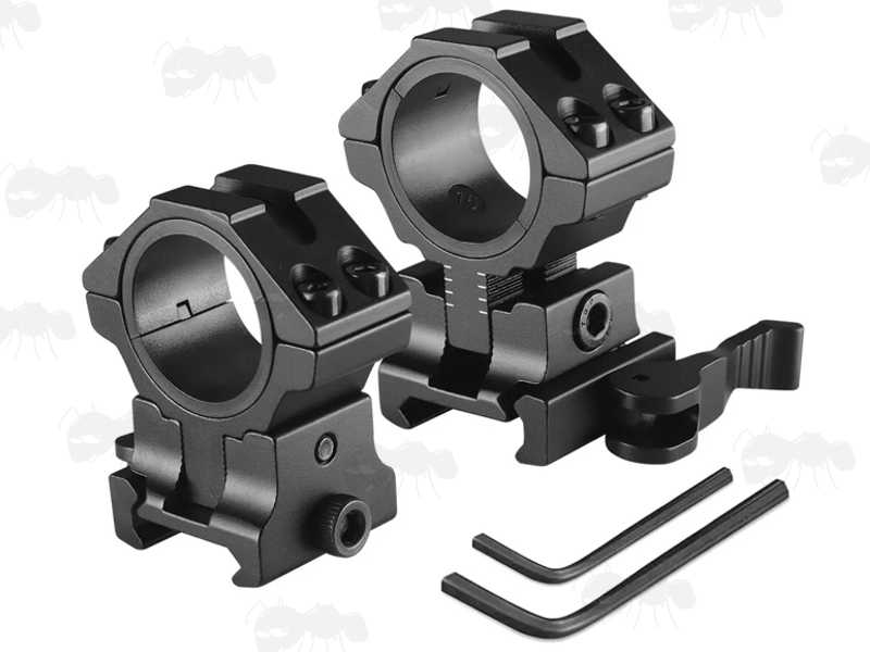 Double Clamped Adjustable Elevation Weaver / Picatinny Quick-Release Two-Piece 30mm Scope Mounts, with 25mm Split Ring Size Reducers and Allen Keys