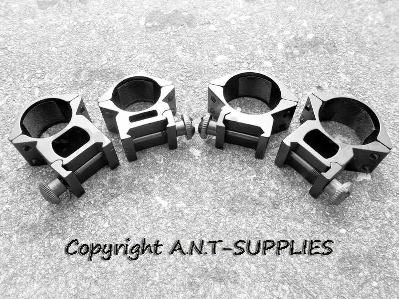 Selection of Black, Low and High Profile, Double Clamped, 25mm and 30mm Scope Rings, for Weaver / Picatinny Rails