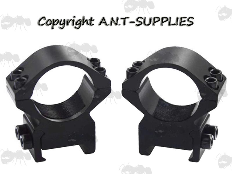 Black, Medium-Profile Double Clamped 25mm Scope Rings for Weaver / Picatinny Rails with Allen Head Clamping Bolts
