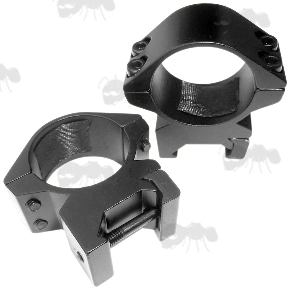Black, Low-Profile Double Clamped 25mm Scope Rings for Weaver / Picatinny Rails With See-Through Channel And Allen Head Clamping Bolts