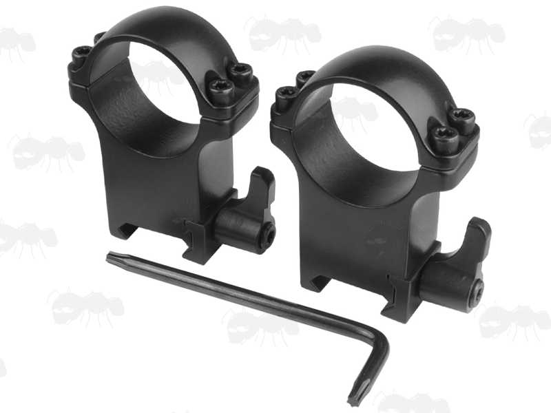 Double Clamped Extra High Profile 30mm Diameter Steel Scope Rings with Lever Lock for Weaver Rails