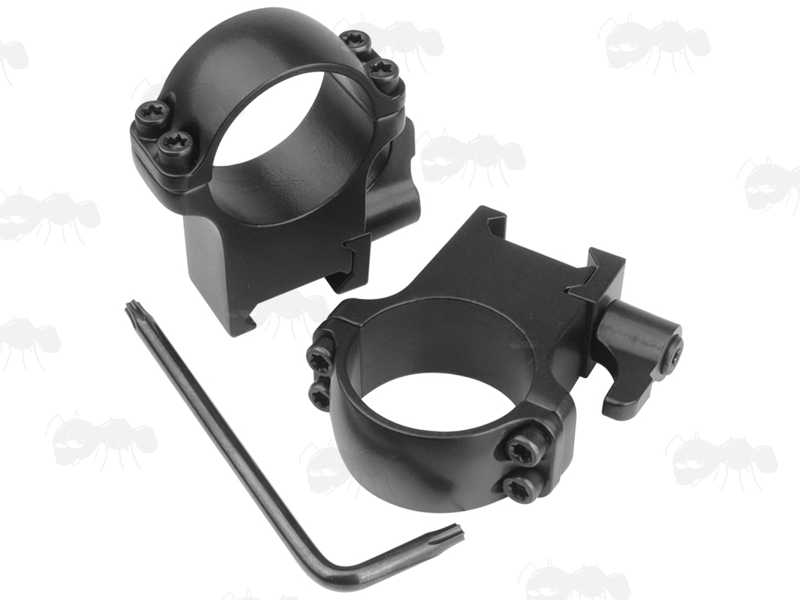 Double Clamped High Profile 30mm Diameter Steel Scope Rings with Lever Lock for Weaver Rails