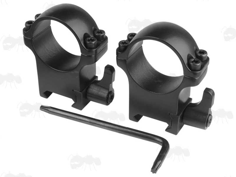 Double Clamped High Profile 30mm Diameter Steel Scope Rings with Lever Lock for Weaver Rails