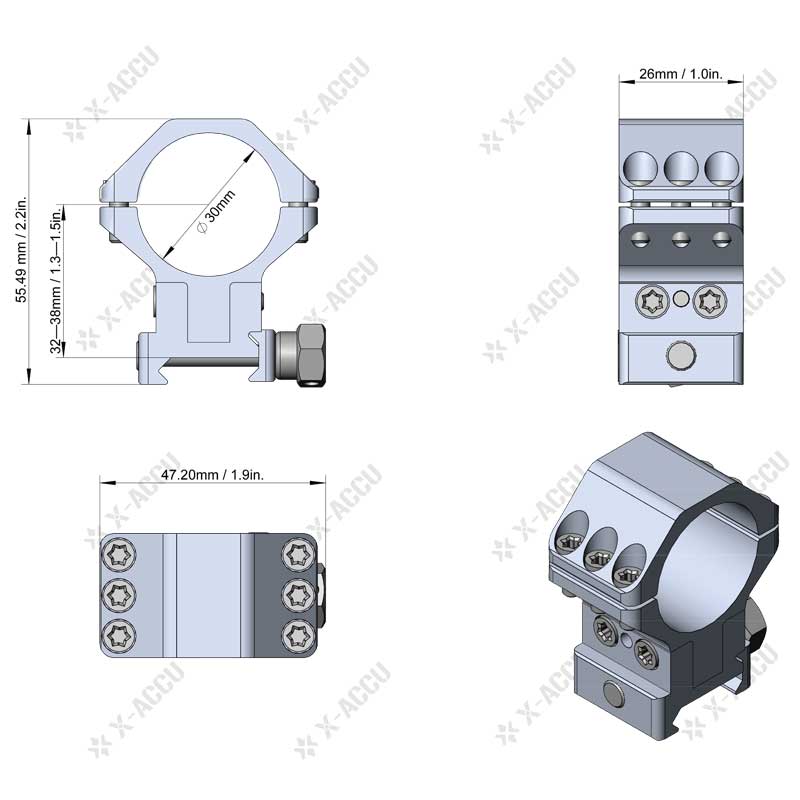 Specifications of The Triple Clamped X-Accu Weaver / Picatinny Scope Mounts with Adjustable Elevation 30mm Diameter Rings