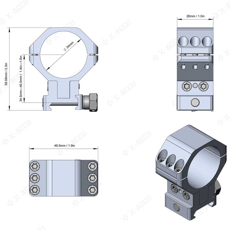 Specifications of The Triple Clamped X-Accu Weaver / Picatinny Scope Mounts with Adjustable Elevation 34mm Diameter Rings
