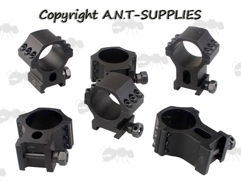 Three Pairs of Tactical X Accu Picatinny Scope Rings in Low, Medium and High Profile Designs