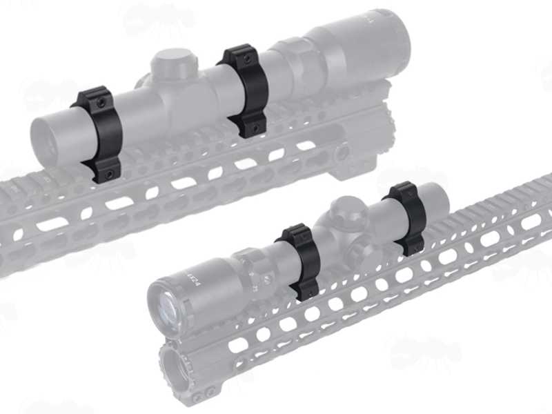 Low-Profile Vertical Split 30mm Scope Ring Mounts for Weaver / Picatinny Rails, Shown Fitted To Rifle Scopes