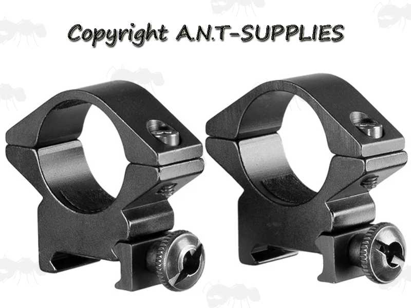 Pair of Low Profile Weaver / Picatinny Rail Mount Rings for 25mm Scope Tubes