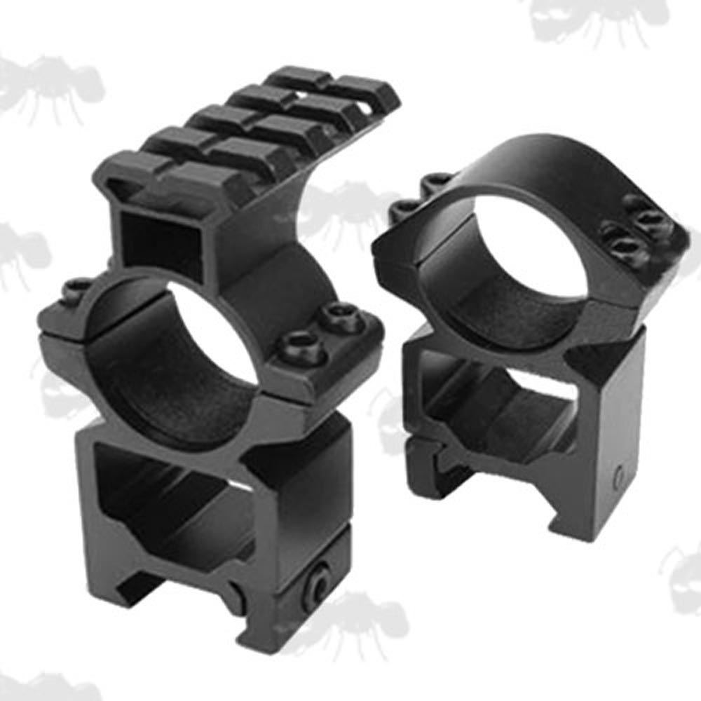 Pair of High Profile, Double Clamped Weaver / Picatinny Rail Mount Rings For 25mm Scope Tubes with Extended Top Rail