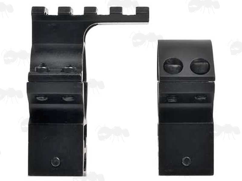 Side Profile View of The Pair of Medium Profile, Double Clamped Weaver / Picatinny Rail Mount Rings for 30mm Scope Tubes with Extended Top Rail