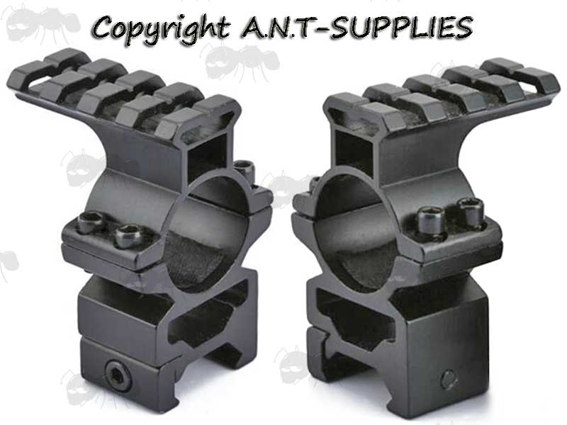 Pair of Medium Profile, Double Clamped Weaver / Picatinny Rail Mount Rings for 25mm Scope Tubes with Extended Top Rail