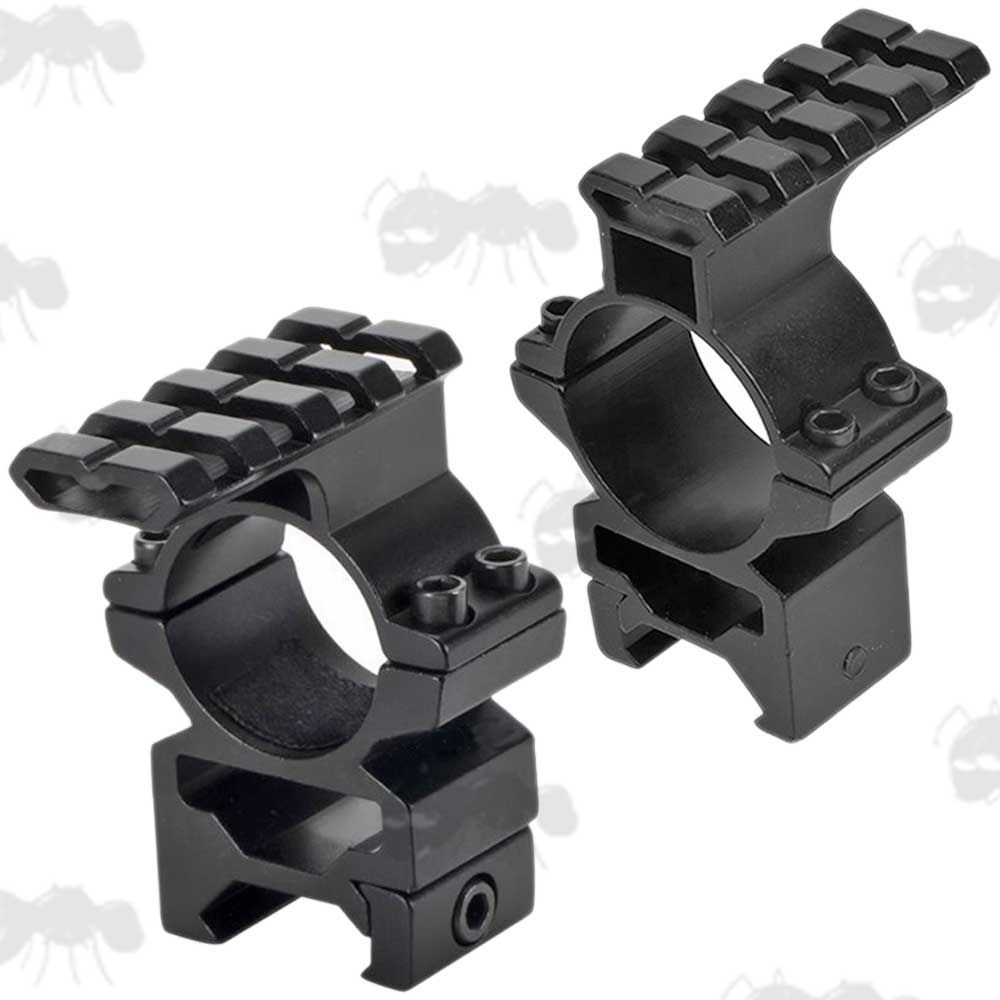 Pair of Medium Profile, Double Clamped Weaver / Picatinny Rail Mount Rings For 25mm Scope Tubes with Extended Top Rails On Both