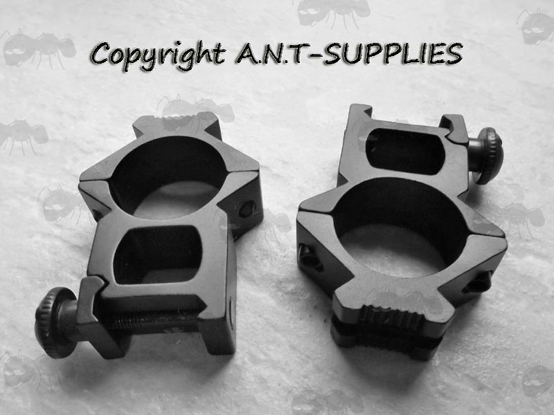Pair of High Profile, Single Clamped Weaver / Picatinny Rail Mount Rings for 25mm Scope Tubes with Top Rails