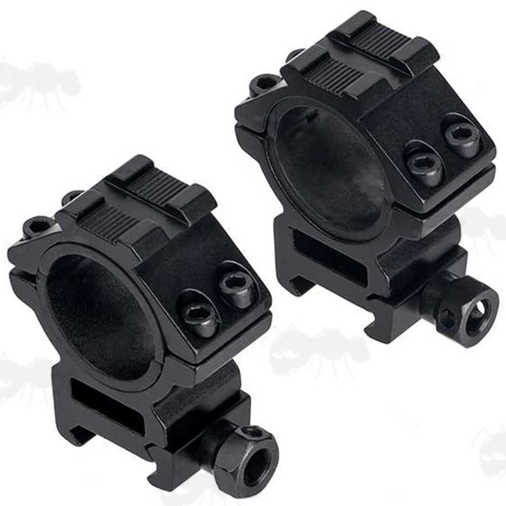 Pair of Medium Profile, Double Clamped Weaver / Picatinny Rail Mount Rings for 30mm Scope Tubes, Complete with a Pair of Plain Ring Tops and a Pair of Accessory Rails Ring Tops