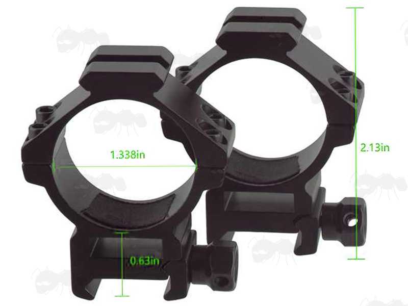 Pair of Medium Profile, Double Clamped Weaver / Picatinny Rail Mount Rings for 34mm Scope Tubes with Top Accessory Rails