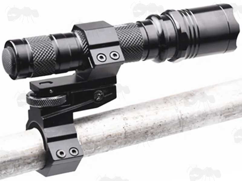 Laser Illuminator Mount with 25mm / 30mm Scope Tube Fitting, Shown Fitted on Tube with Torch