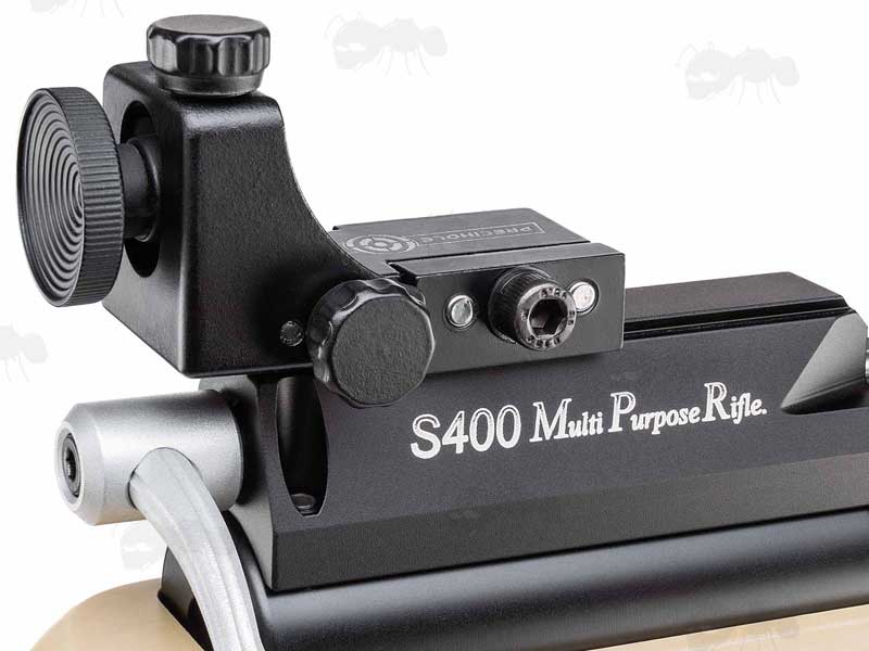 View of The Peephole On The Air Arms Black Compact Diopter Rear Sight Mounted on a S400 Target Rifle Dovetail Sight Rail