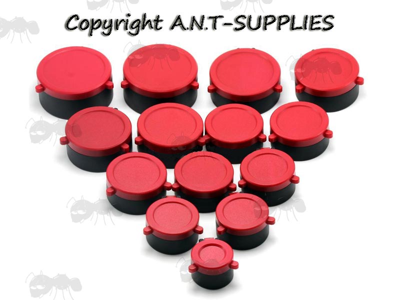 Closed View of Fourteen AnTac Red Flip-Up Rifle Scope Lens Covers