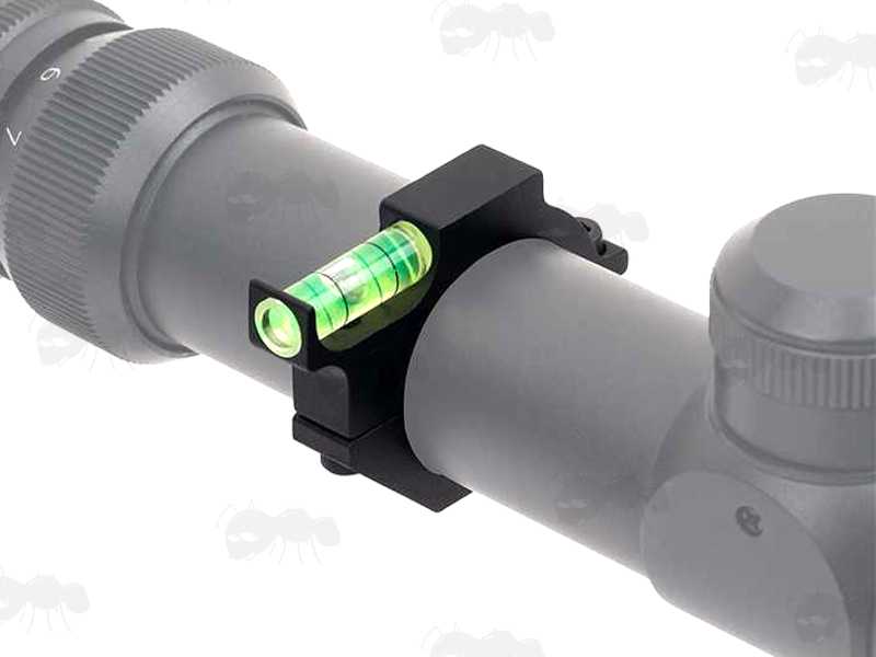 Anti Cant Spirit Level for 25mm Rifle Scope Tubes, Shown Installed on a Scope