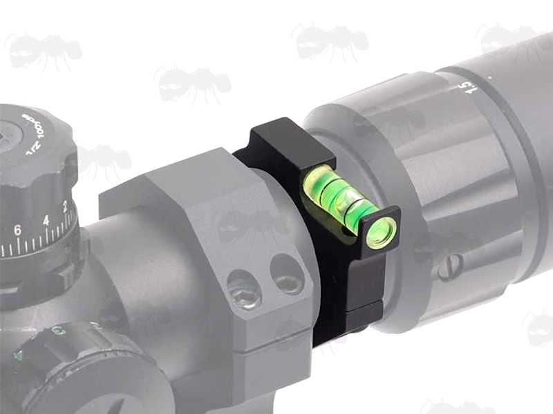 Anti Cant Spirit Level for 30mm Rifle Scope Tubes, Shown Installed on a Scope