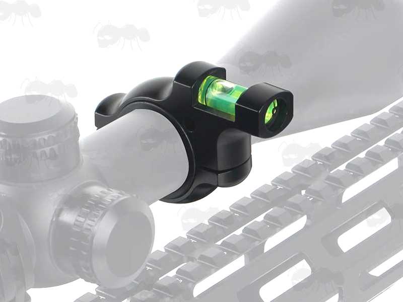 Anti Cant Spirit Level for 25mm or 30mm Rifle Scope Tubes, Shown Installed on a Scope