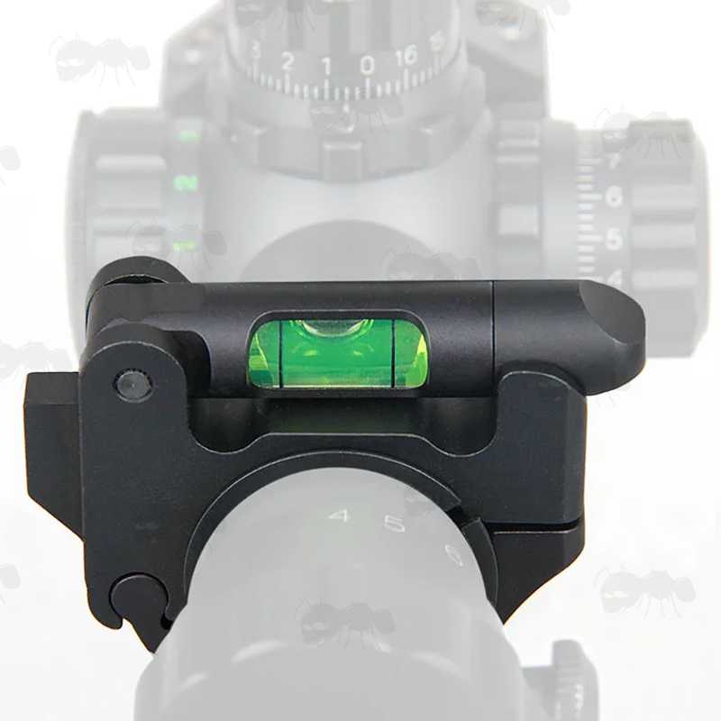 Swing Out Spirit Level for 25mm or 30mm Rifle Scope Tubes, Shown Fitted to a Scope