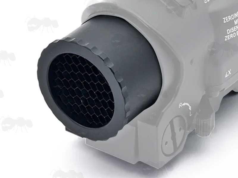 Metal Screw-In Black Airsoft Elcan Scope Sunshade with Killflash, Shown Fitted to Elcan Sight