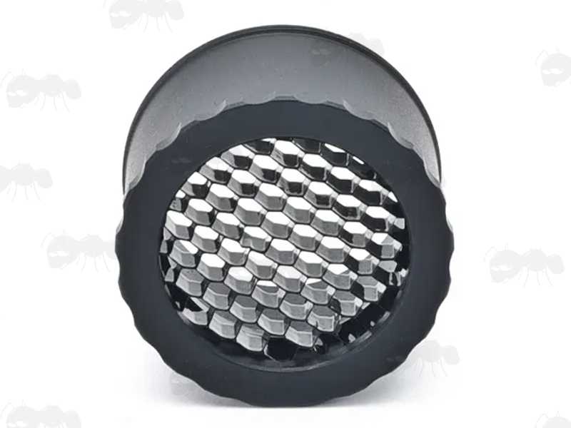 Front View of The Metal Screw-In Black Airsoft Elcan Scope Sunshade with Killflash