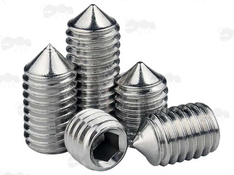Five Stainless Steel Grub Screws with Hex Socket Heads and Cone Ends