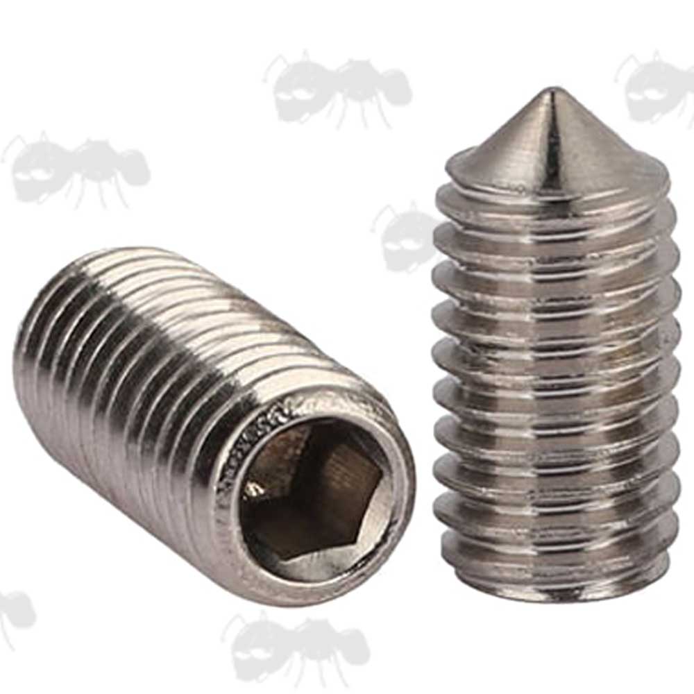 Two Stainless Steel Grub Screws With Hex Socket Heads and Cone Points
