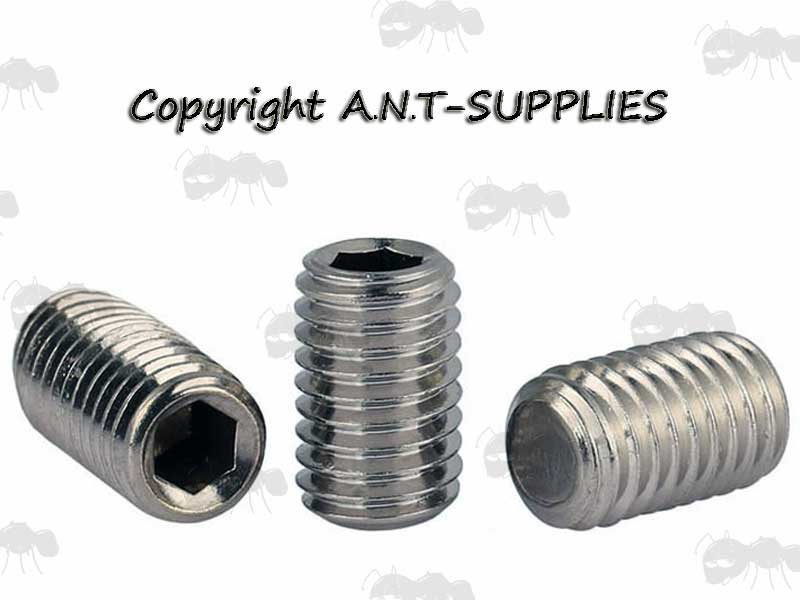 Three Stainless Steel Grub Screws With Hex Socket Heads and Flat Ends