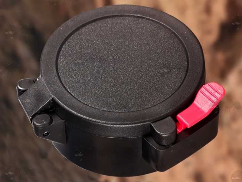 Closed View of AnTac Black Flip-Up Rifle Scope Lens Cover with Red Push Button Lever Release