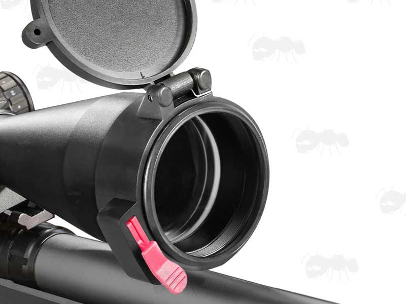 Flipped Open View of an AnTac Black Flip-Up Rifle Scope Lens Cover, Shown Fitted to a Sight