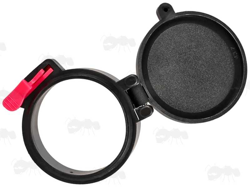 Flipped Open View of AnTac Black Flip-Up Rifle Scope Lens Cover with Red Push Button Lever Release
