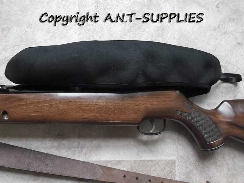All Black Large Neoprene Rifle Scope Cover Shown Fitted Over a Rifles Scope