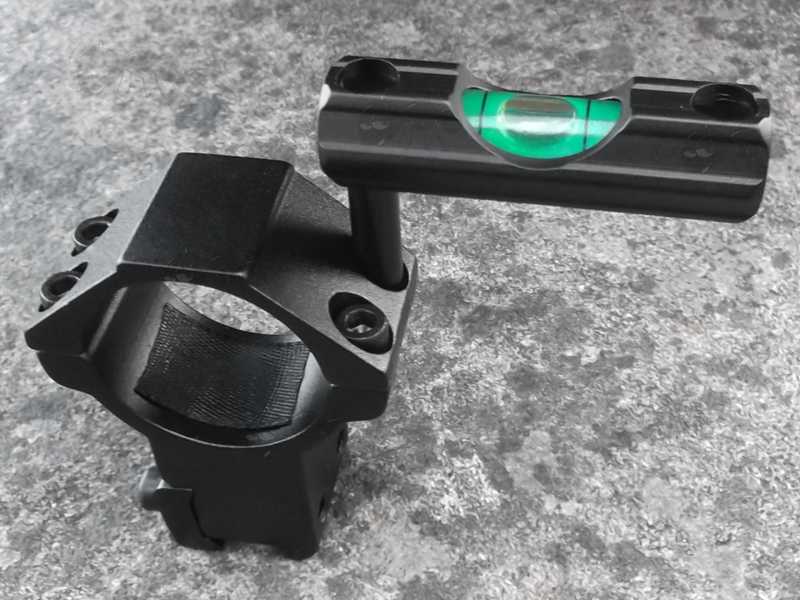 Rifle Scope Mount Spirit Level for 25mm Rings, Shown Fitted in an Offset Setup to a 30mm High Scope Mount for Dovetail Rails