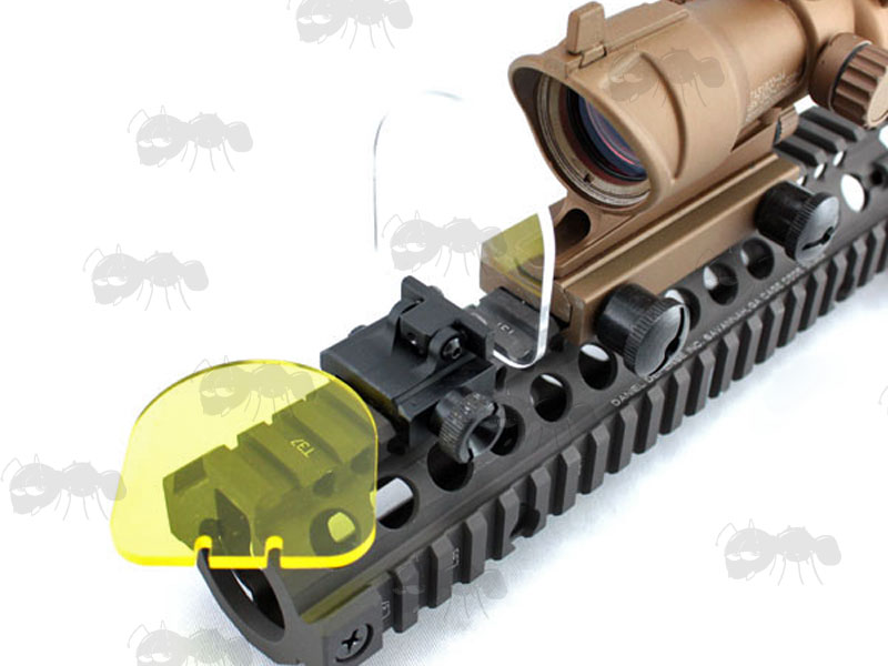 Black Rail Mount with Clear and Spare Amber Screen Sight Lens Protector Shield with ACOG Scope