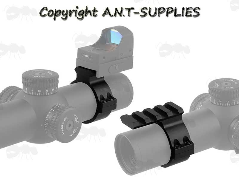 Pair of 34mm Scope Tube Accessory Rail Ring Mounts Shown Fitted to Scopes with Dot Sight