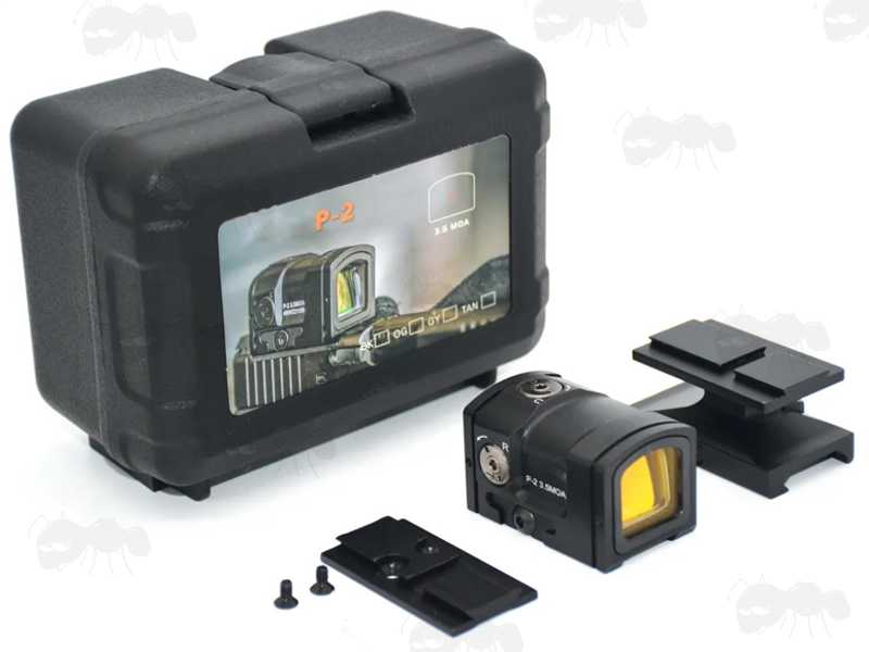ACRO P2 Style Red Dot Sight with Weaver / Picatinny Rail Mount, Pistol Base Plate Mount and Hard Plastic Storage Case