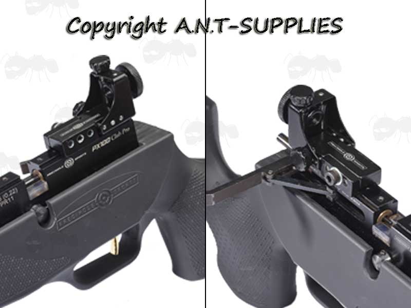 Side Views of The Air Arms Black Compact Diopter Rear Sight Mounted on a Black Air Rifle