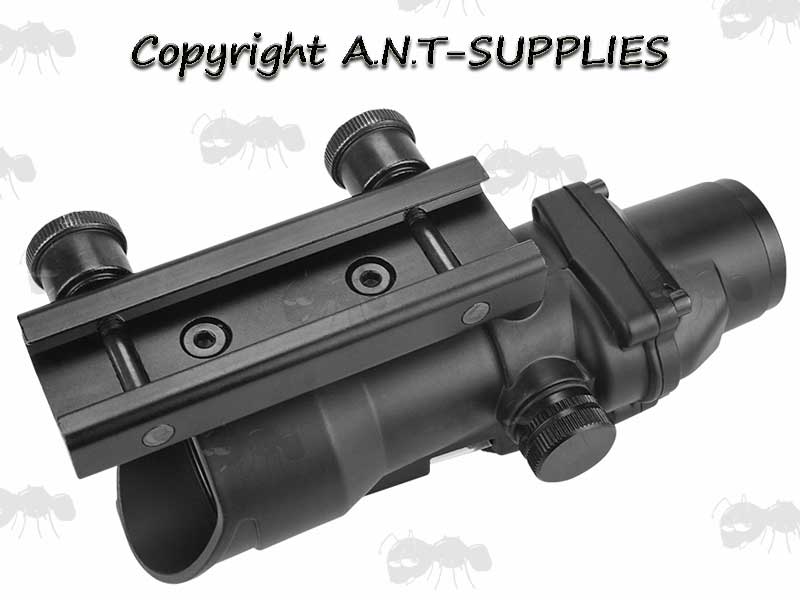 Base Rail Mount View of The Red Fibre Optic Airsoft 4x32 ACOG Sight