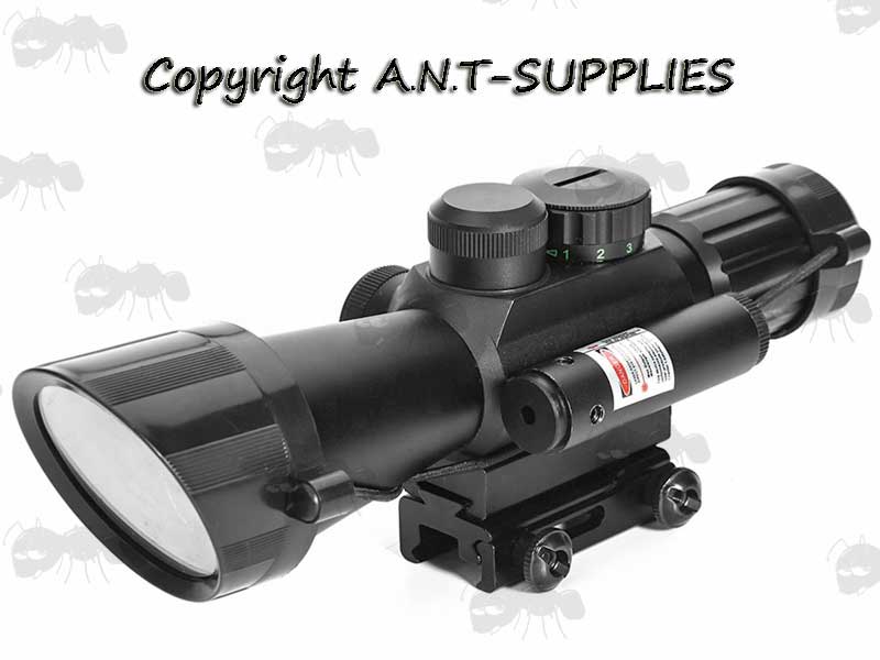 Laser View Side of The AnTac 4x32 Compact Illuminated Telescopic Scope