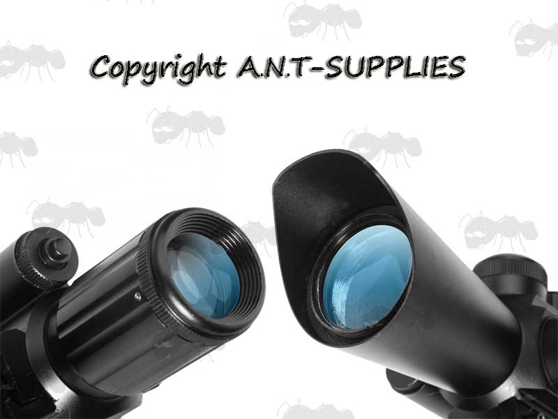 Objective and Ocular Lens End Viewd of The AnTac 4x32 Compact Illuminated Telescopic Scope with Built-In Red Laser Sight