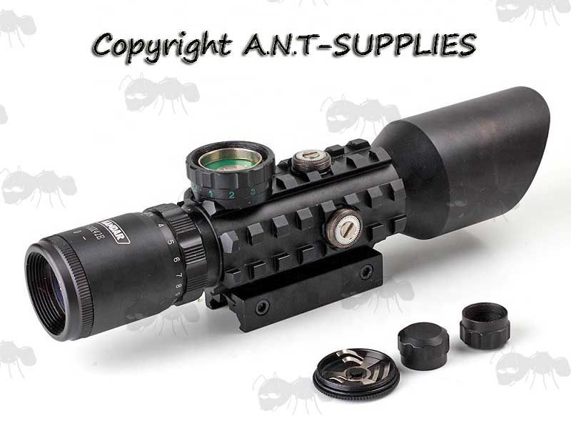 Turret Caps Removed from The AnTac 3-10x42eg Compact Telescopic Scope with Tri-Rail Body