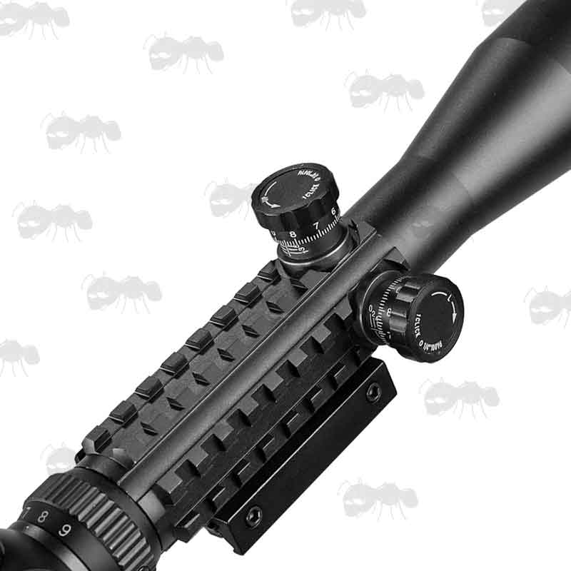Close View of The Turrets on The AnTac 3-9x40eg Telescopic Scope with Tri-Rail Body